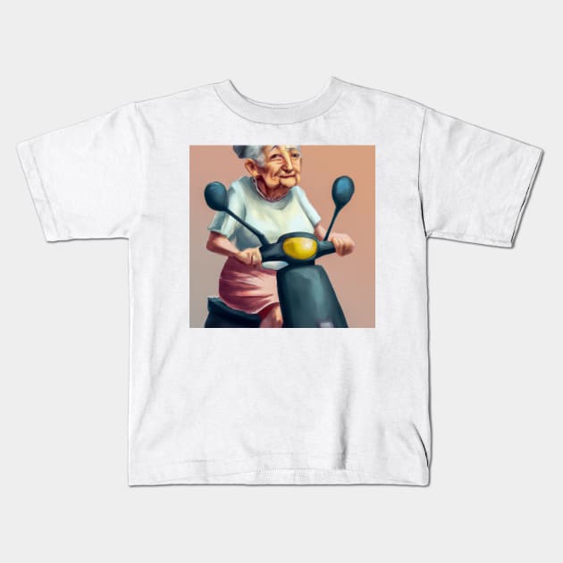 Little Old Lady on a Motor Scooter Kids T-Shirt by JohnCorney